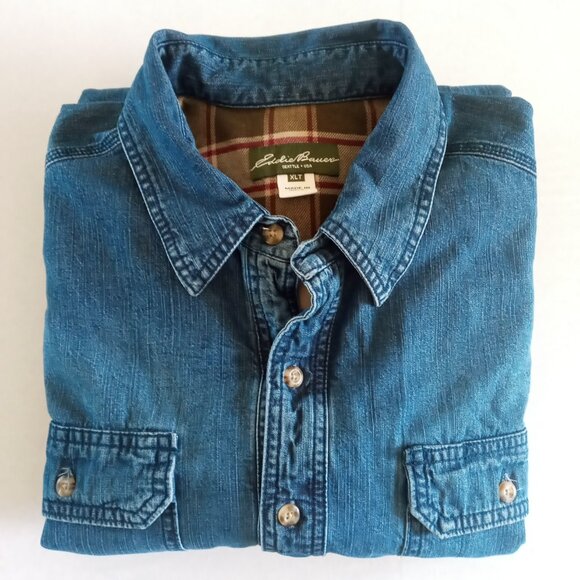 Vintage Eddie Bauer Denim plaid lined button up Shirt size XL Tall - Picture 9 of 9